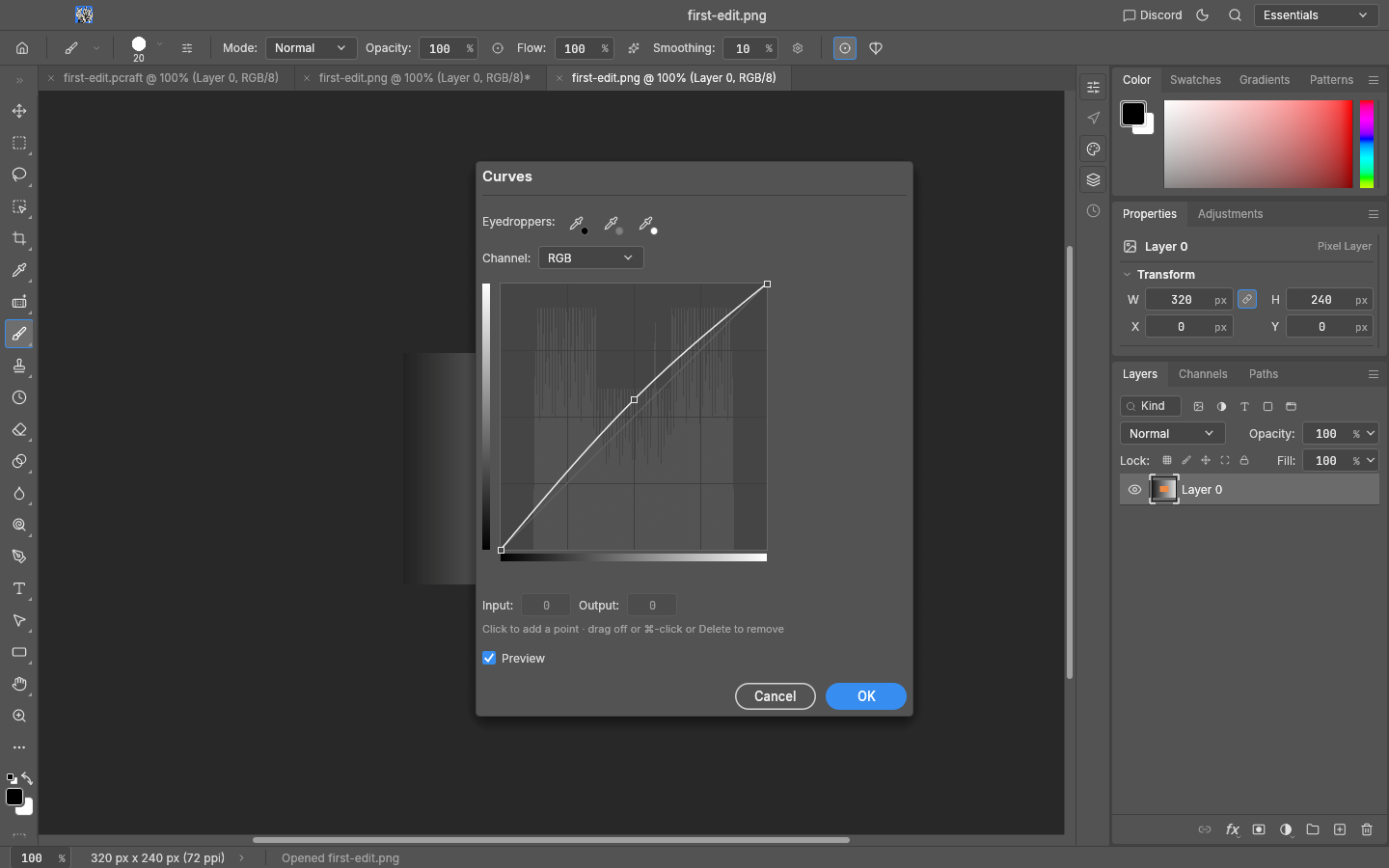 The recorded Curves dialog shows the edited curve. No point is selected, so the inactive Input and Output fields display 0. Select the added midpoint to inspect the Input 128 and Output 144 values used in this walkthrough.