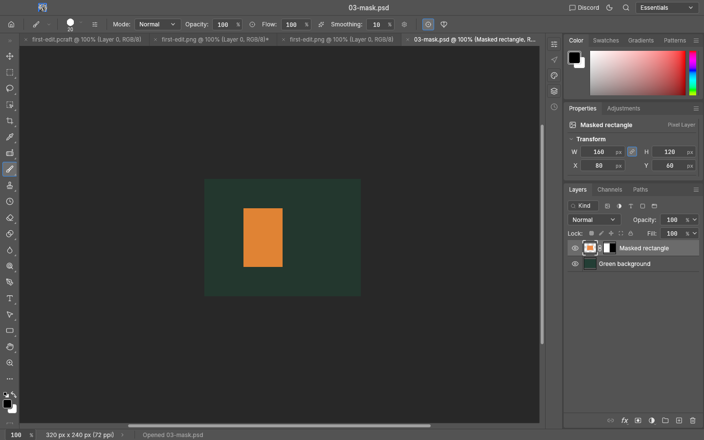 PhotoCraft v0.7.0 desktop showing the original mask PSD, two layers and a half-visible orange rectangle.